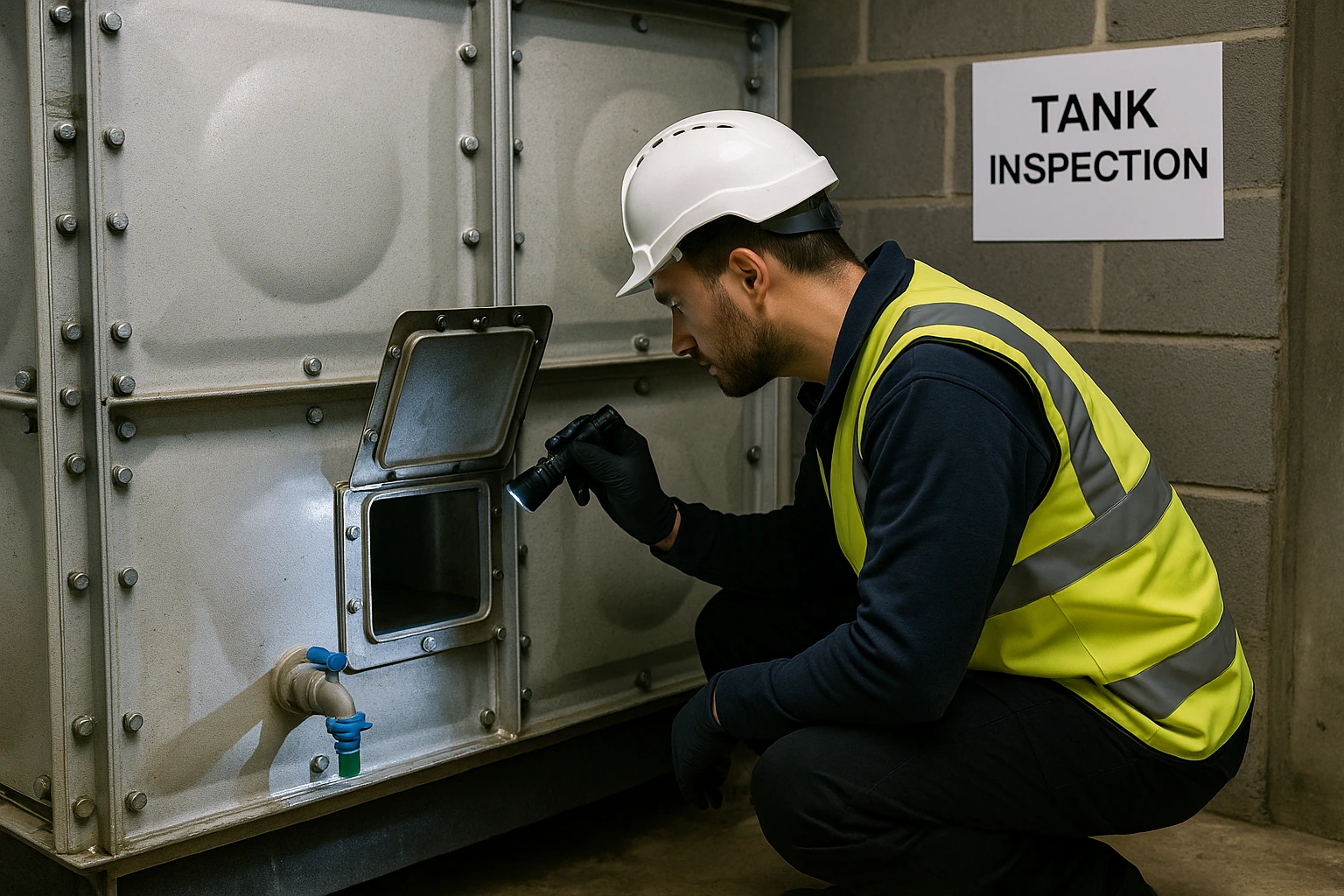 Cold water storage tank inspection clean and disinfection